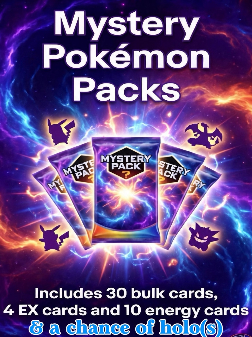 MYSTERY TCG Pokemon pack - includes 30 bulk cards, 4 EX/V, 10 energies or holo(s